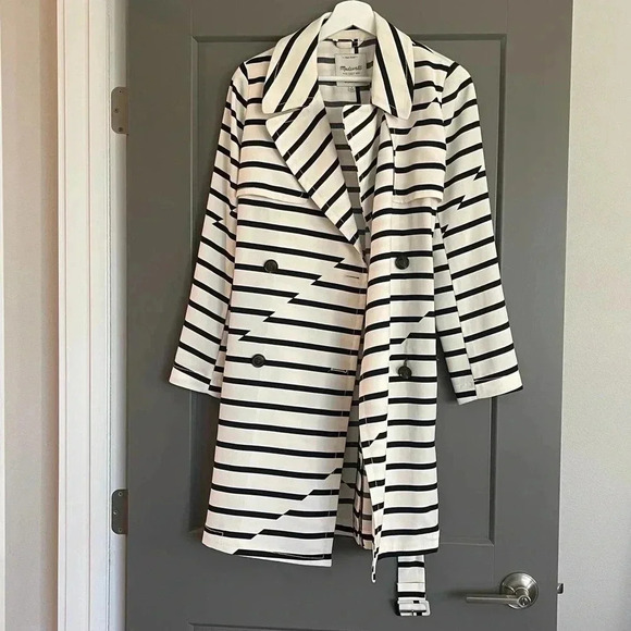 Madewell Parcel Striped Long Sleeve Double Breasted Belted Trench Coat Small - Picture 2 of 12